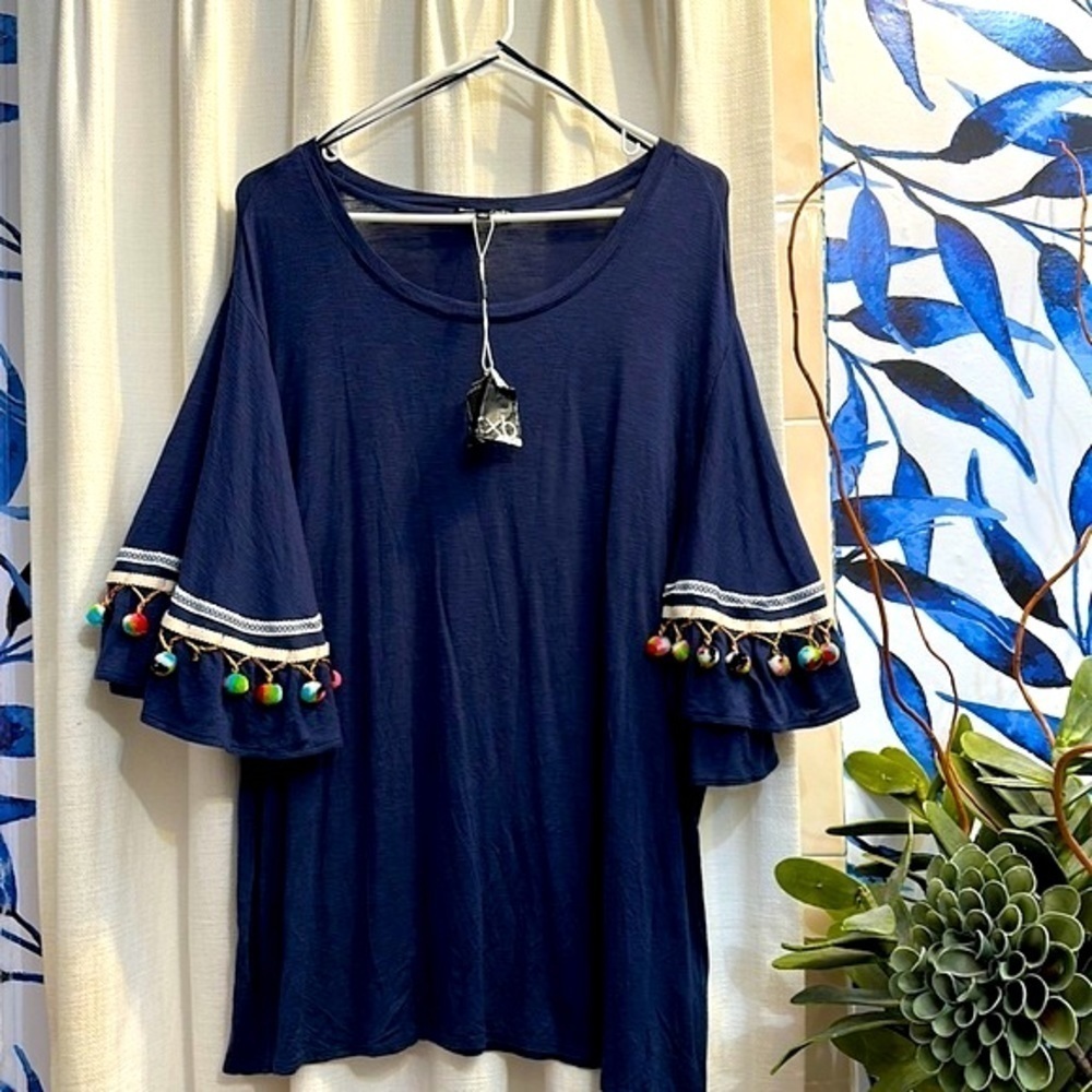 NWT Women’s RXB Navy Blue Scoop Neck Pom Pom Sleeve Top Size 1X